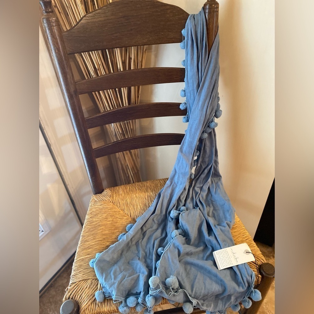 NWT Indaba Elira Scarf Denim Blue Pompom Trim Cotton Viscose Wrap